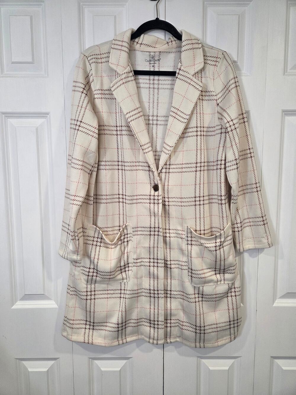 Cuddl Duds Brushed Sweater Coatigan Cream Plaid M Cozy Layering